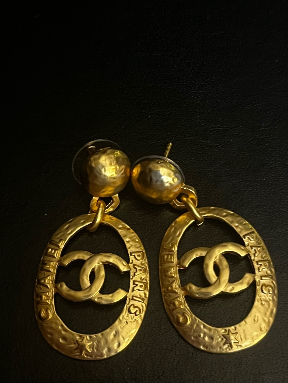 ChaneI Gold Tone Letter Logo Hammered Dangle Earrings